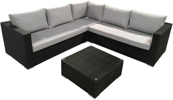 Classic Rattan Corner Sofa With Coffee Table - High Quality Durable Rattan - Anthracite With Light Grey Cushions Included