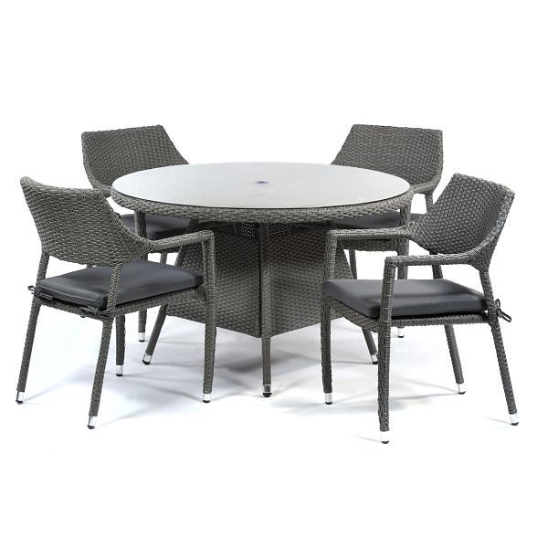 Oasis Rattan Set - Round Glass Table and 4 Arm Chairs - Grey Weave / Dark Grey Cushions - Chairs Fully Assembled