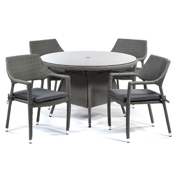 Oasis Rattan Set - Round Glass Table and 4 Arm Chairs - Grey Weave / Dark Grey Cushions - Chairs Fully Assembled