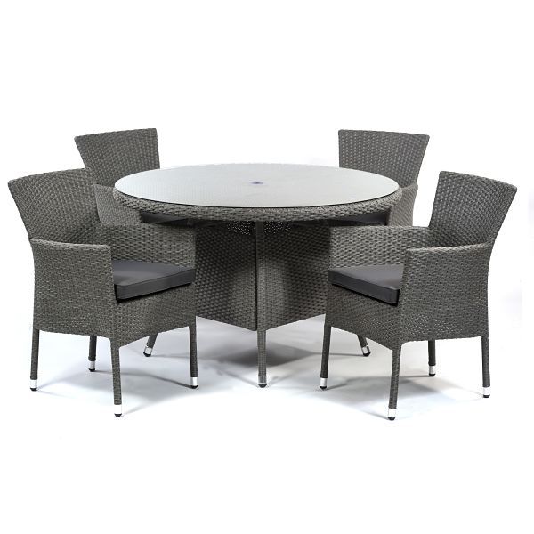 Oasis Rattan Set - Round Glass Table and 4 Arms with Cushions - Grey Weave / Dark Grey Cushions - Chairs Fully Assembled