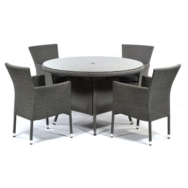 Oasis Rattan Set - Round Glass Table and 4 Arms with Cushions - Grey Weave / Dark Grey Cushions - Chairs Fully Assembled