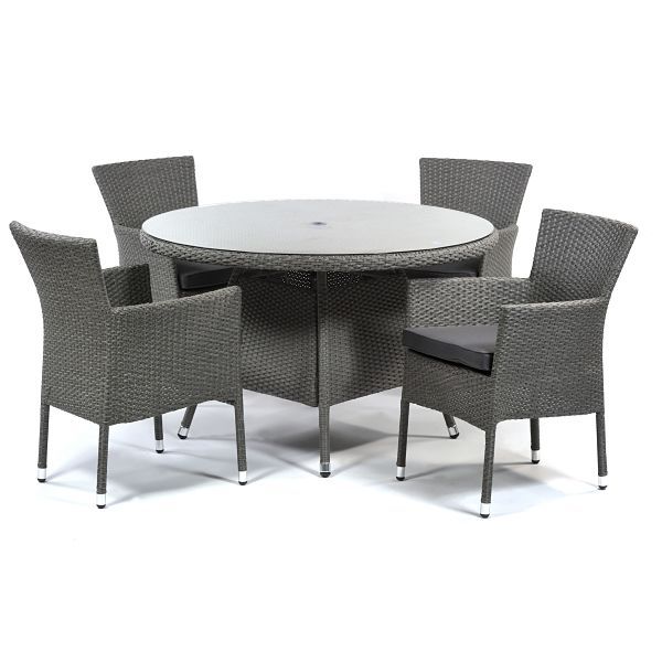 Oasis Rattan Set - Round Glass Table and 4 Arms with Cushions - Grey Weave / Dark Grey Cushions - Chairs Fully Assembled