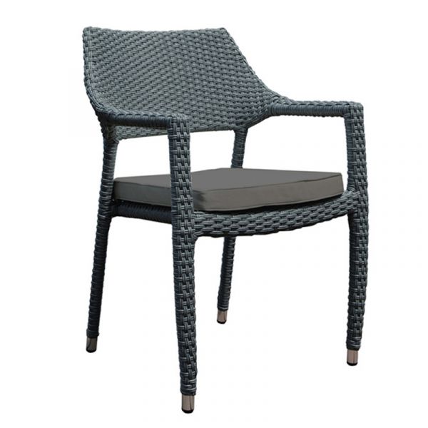 Oasis Rattan Set - Square Glass Table and 4 Arm Chairs with Cushions - Grey Weave / Dark Grey Cushions -Chairs Fully Assembled