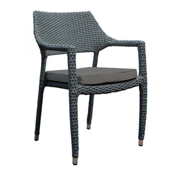 Oasis Rattan Set - Round Glass Table and 4 Arm Chairs - Grey Weave / Dark Grey Cushions - Chairs Fully Assembled