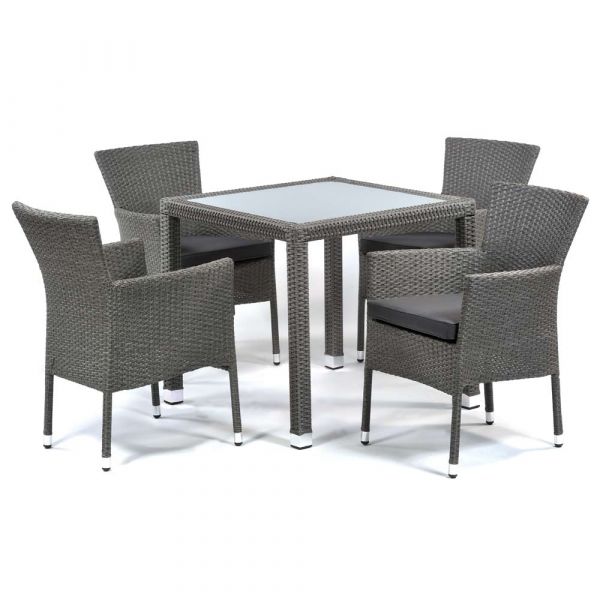 Oasis Rattan Set - Square 4 Seat Glass Dining Set with Cushions - Grey Weave / Dark Grey Cushions - Chairs Fully Assembled