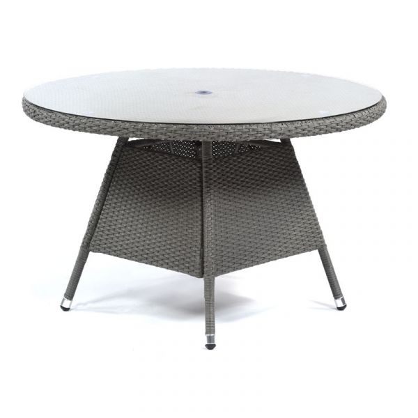 Oasis Rattan Set - Round Glass Table and 4 Arms with Cushions - Grey Weave / Dark Grey Cushions - Chairs Fully Assembled