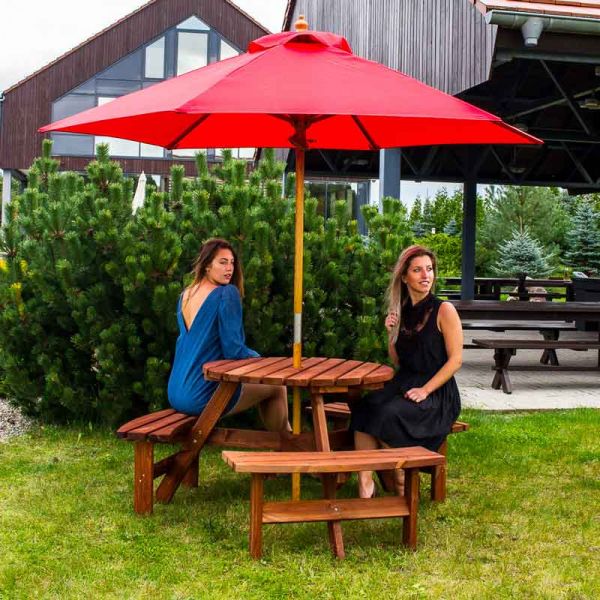 Brentwood Round Picnic Table 6 Person - Durable Wooden Pub Bench - Commercial Grade Durable Thick Timbers  - 1.7M Diameter - Brown