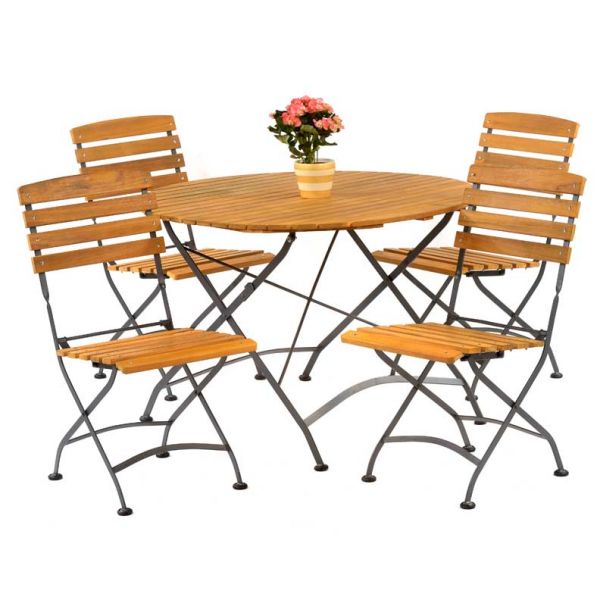 Newark Folding 4 Side Chairs & Round Table Set - Acacia Wood With Steel Frame