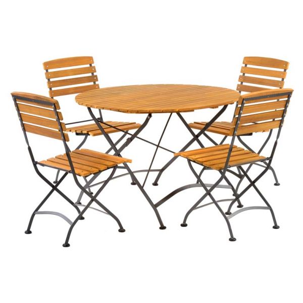 Newark Folding 4 Side Chairs & Round Table Set - Acacia Wood With Steel Frame