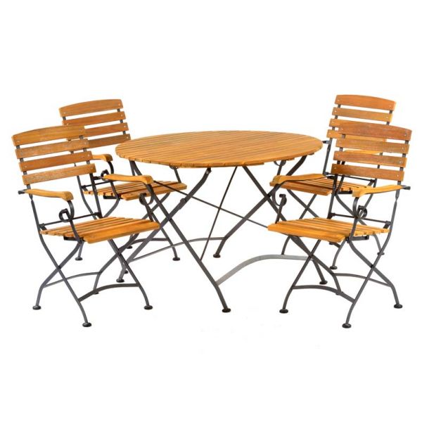 Newark Folding 4 Arm Chairs & Round Table Set - Acacia Wood With Steel Frame