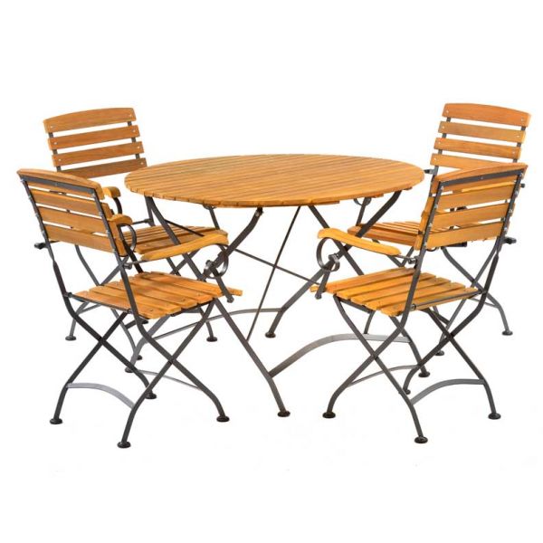 Newark Folding 4 Arm Chairs & Round Table Set - Acacia Wood With Steel Frame