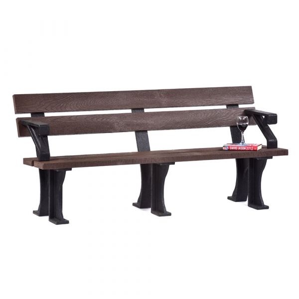 Recycled Plastic Bench With Arms - Durable Commercial Grade Seat - 4 Person - 180cm Length - Brown and Black