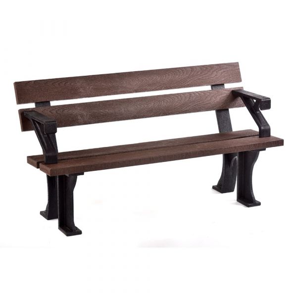 Recycled Plastic Bench With Arms - Durable Commercial Grade Seat - 3 Person - 150cm Length - Brown and Black