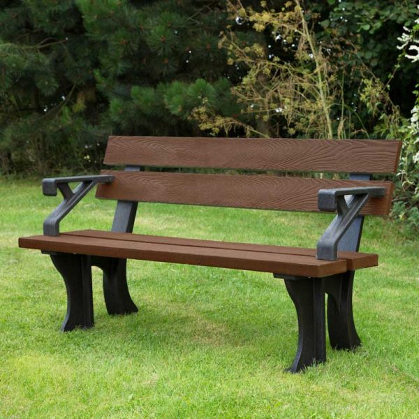 Recycled Plastic Bench With Arms - Durable Commercial Grade Seat - 3 Person - 150cm Length - Brown and Black