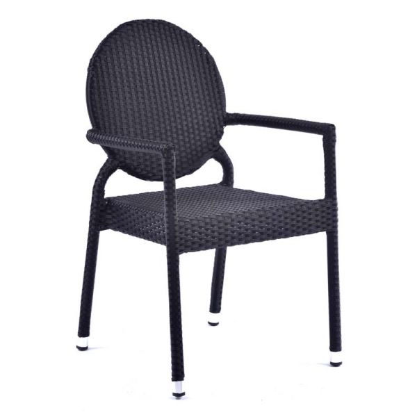 Ascot Classic Rattan Stacking Arm Chair in Black Round Back