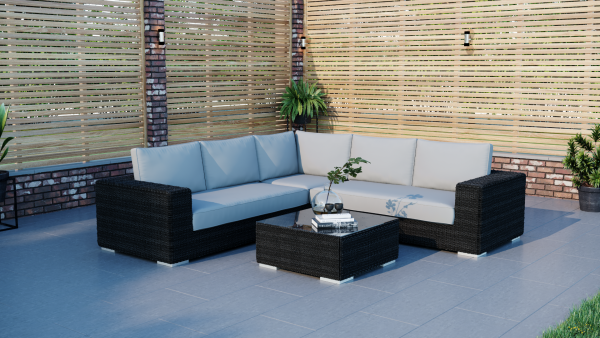 Classic Rattan Corner Sofa With Coffee Table - High Quality Durable Rattan - Anthracite With Light Grey Cushions Included