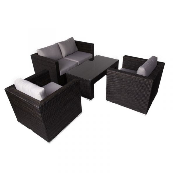 Classic Rattan Sofa Set With Glass Table - Two Arm Chairs & Sofa - High Quality Durable Rattan - Brown With Light Grey Cushions Included