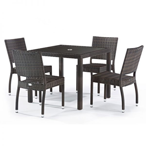 Ascot Rattan Square Glass Table & 4 Ascot Side Chairs - High Quality Rattan - Black & Brown Weave