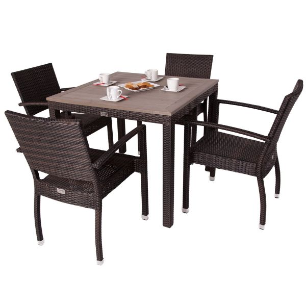 Ascot Rattan Square Polywood Table & 4 Ascot Arm Chairs - High Quality Rattan - Black & Brown Weave