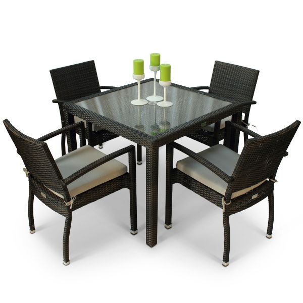 Ascot Rattan Square Glass Topped Table & 4 Ascot Arm Chairs - High Quality Rattan - Black & Brown Weave