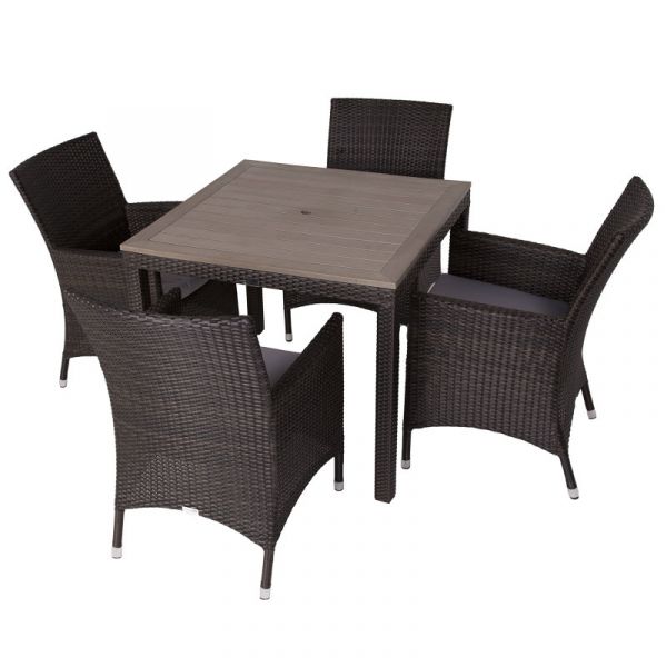 Classic Rattan Square Polywood Table and 4 Newbury Chairs - High Quality Rattan - Black and Brown Weave