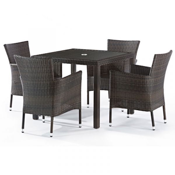 Classic Rattan Square Glass Table and 4 Newbury Chairs - High Quality Rattan - Black and Brown Weave