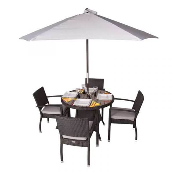 Classic Rattan Round Polywood Table & 4 Ascot Arm Chairs - High Quality Rattan - Black & Brown Weave