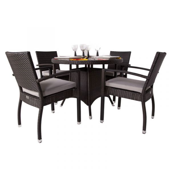 Classic Rattan Round Polywood Table & 4 Ascot Arm Chairs - High Quality Rattan - Black & Brown Weave