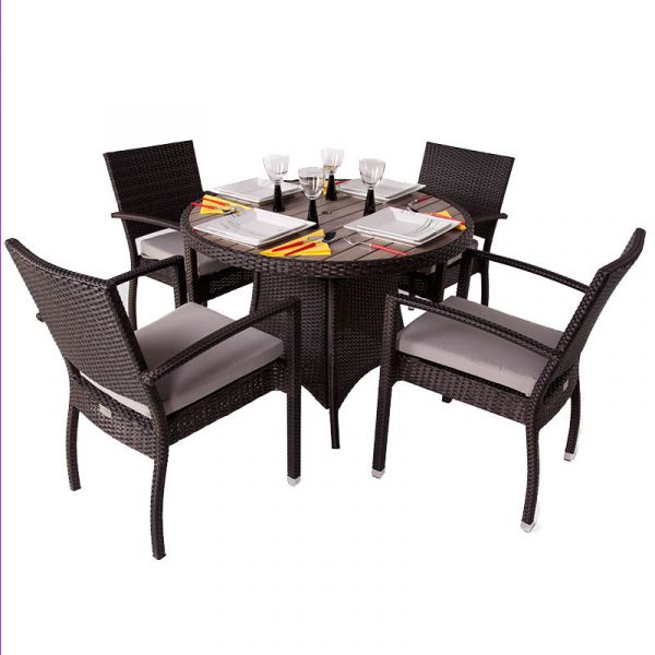 Classic Rattan Round Polywood Table & 4 Ascot Arm Chairs - High Quality Rattan - Black & Brown Weave