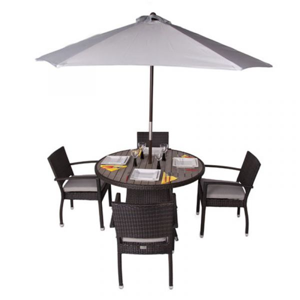 Classic Rattan Large Round Glass Table & 4 Ascot Arm Chairs - High Quality Rattan - Black & Brown Weave - With Cushions