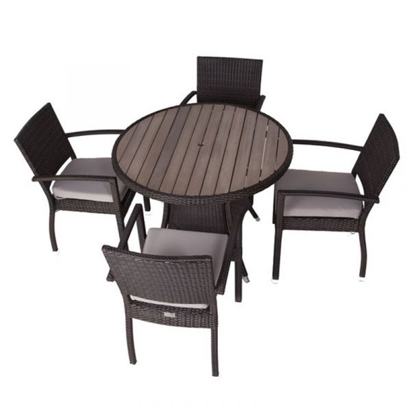Classic Rattan Large Round Glass Table & 4 Ascot Arm Chairs - High Quality Rattan - Black & Brown Weave - With Cushions