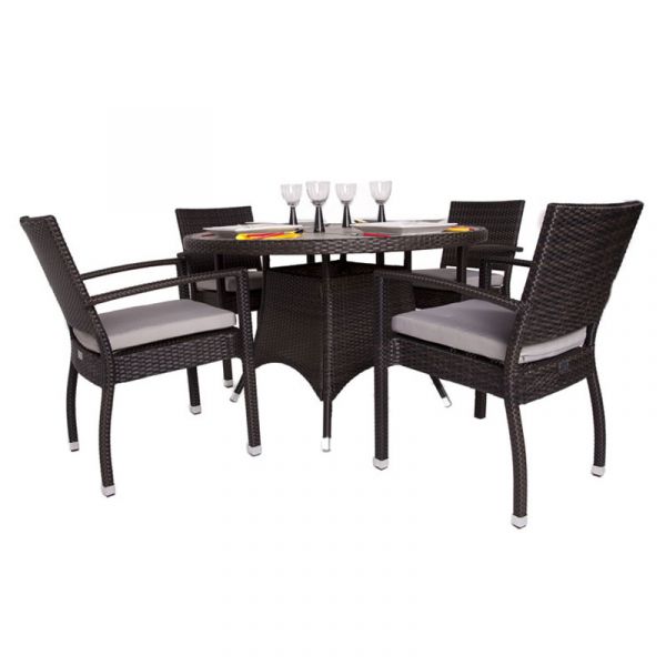 Classic Rattan Large Round Glass Table & 4 Ascot Arm Chairs - High Quality Rattan - Black & Brown Weave - With Cushions