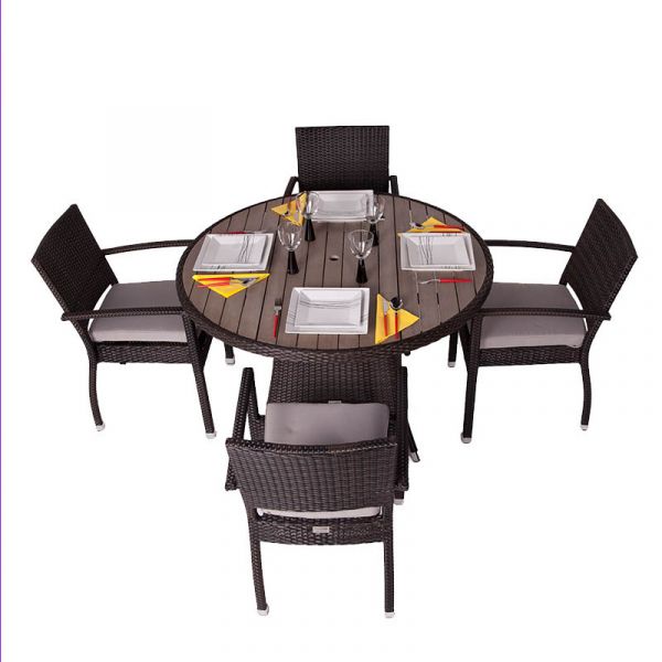Classic Rattan Large Round Glass Table & 4 Ascot Arm Chairs - High Quality Rattan - Black & Brown Weave - With Cushions