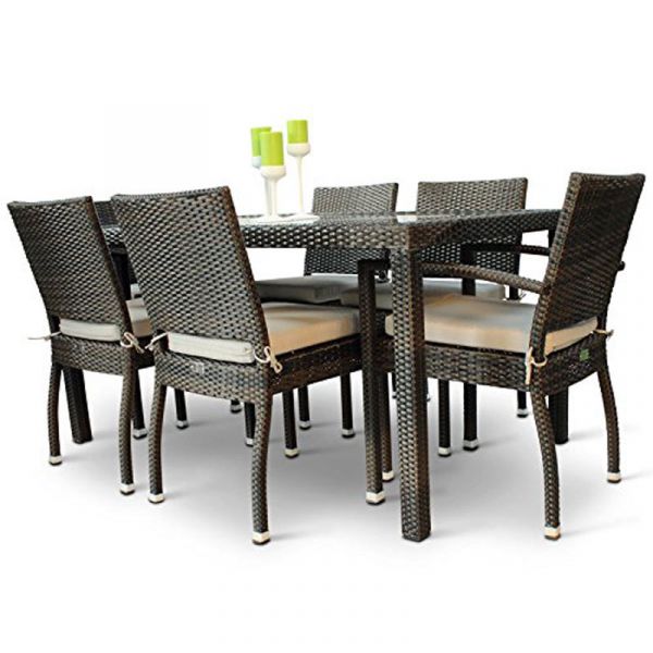 Classic Rattan Rectangular Glass Table with 2 Ascot Arm Chairs and 4 Ascot Side Chairs - High Quality Rattan - Black & Brown Weave