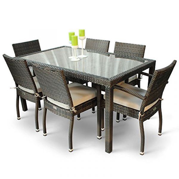 Ascot Rattan Rectangular Glass Table with 2 Ascot Arm Chairs and 4 Ascot Side Chairs - High Quality Rattan - Black & Brown Weave