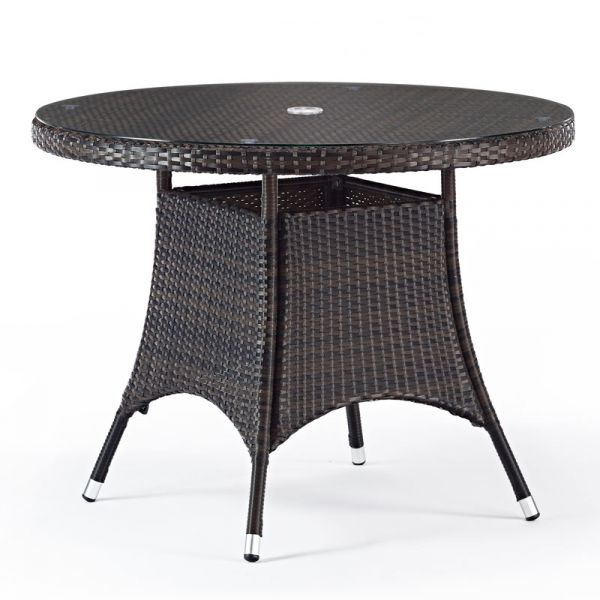 Ascot Rattan Round Glass Table & 4 Ascot Arm Chairs - High Quality Rattan - Black & Brown Weave - With Cushions