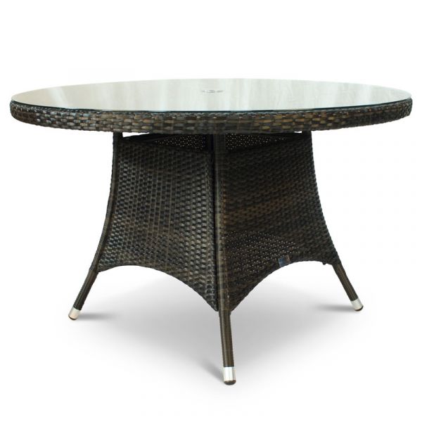 Classic Rattan Large Round Glass Table & 4 Ascot Arm Chairs - High Quality Rattan - Black & Brown Weave - With Cushions