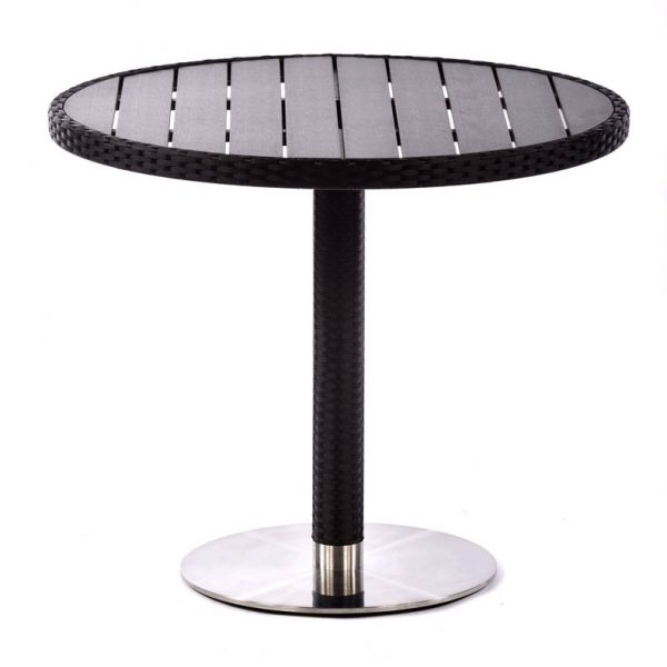Molby 90cm Round Black Polywood Topped Table with 2 Molby Rattan Effect Round Back Armchair Set – Black Weave