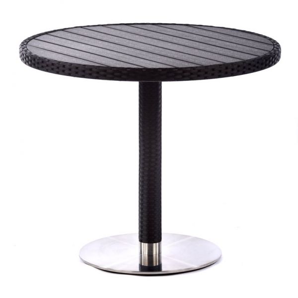 Molby 90cm Round Black Polywood Topped Table with 2 Molby Rattan Effect Round Back Armchair Set – Black Weave
