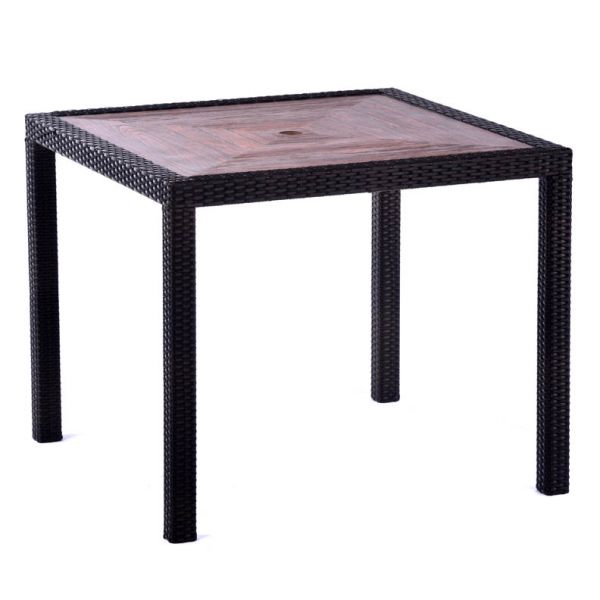 Black & Brown Rattan 90 x 90cm Table With Teak Polyresin Top
