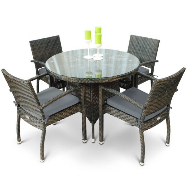 Classic Rattan Round Glass Table & 4 Ascot Arm Chairs - High Quality Rattan - Black & Brown Weave - With Cushions