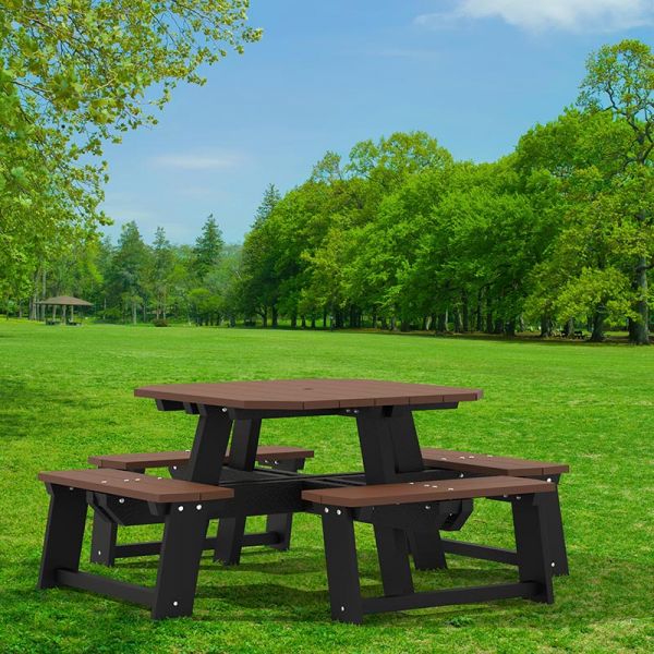 100% Recycled Plastic 8 Seat Square Commercial Black & Brown Picnic Table