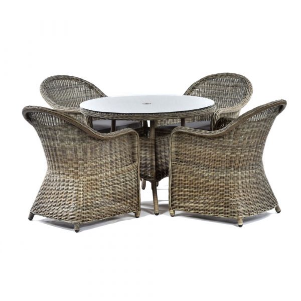 Regent Rattan 4 Person Round Glass Table and 4 Arm Chairs Set - Luxury Outdoor Range - Durable Brown Weave - Dark Grey Cushions Included