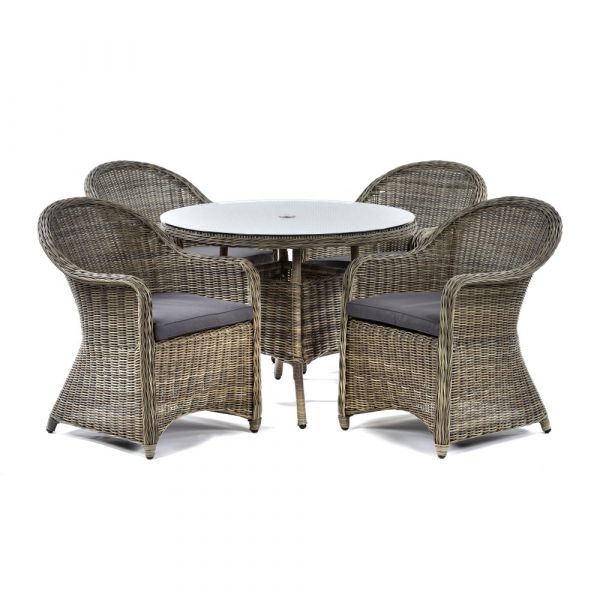 Regent Rattan 4 Person Round Glass Table and 4 Arm Chairs Set - Luxury Outdoor Range - Durable Brown Weave - Dark Grey Cushions Included