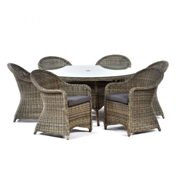 Regent Rattan 6 Person Large Round Glass Table and 6 Arm Chairs Set - Luxury Outdoor Range - Durable Brown Weave - Dark Grey Cushions Included