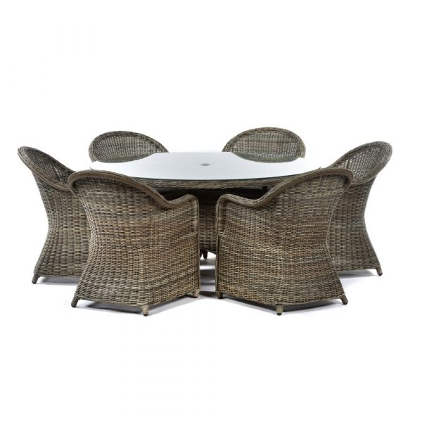 Regent Rattan 6 Person Large Round Glass Table and 6 Arm Chairs Set - Luxury Outdoor Range - Durable Brown Weave - Dark Grey Cushions Included
