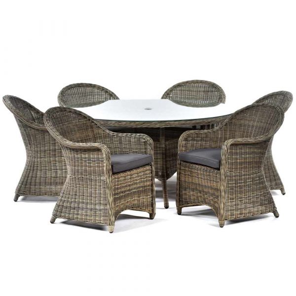 Regent Rattan Round Table - 150cm Diameter Tempered Glass Top - 40mm Parasol Hole - Durable Brown Weave