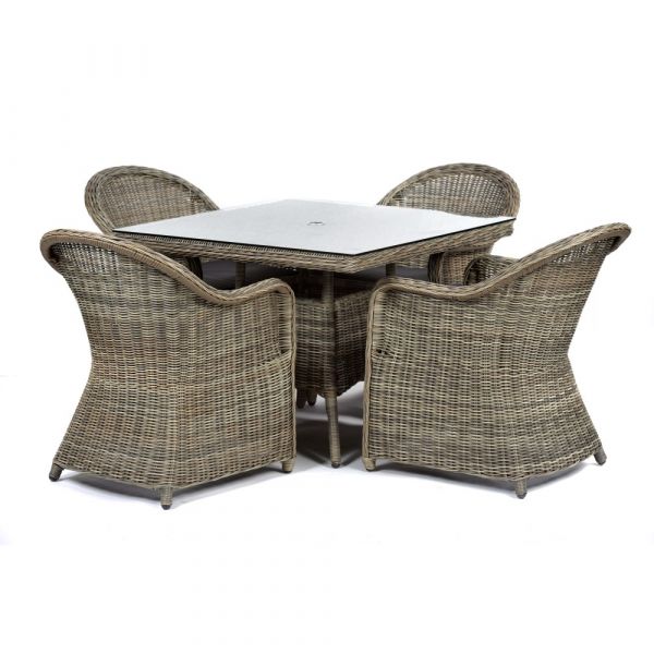 Regent Rattan Square Glass Table with 4 Arm Chairs Set - Luxury Outdoor Range - Durable Brown Weave - Dark Grey Cushions Included