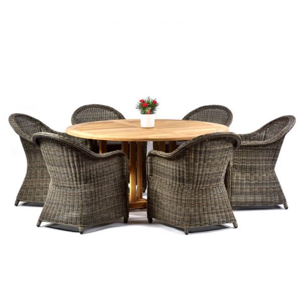 Madison 150cm Round Teak Table with 6 Regent Rattan Armchairs – Dark Grey Cushions Included