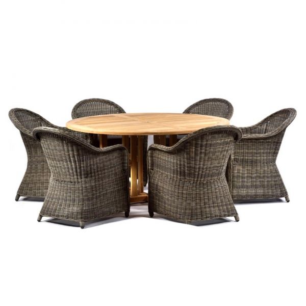 Madison 150cm Round Teak Table with 6 Regent Rattan Armchairs – Dark Grey Cushions Included